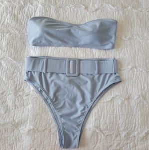 LA LA Swim Stapless Bandeau Belted High Waisted 2 Piece Bikini NWOT Baby Blue